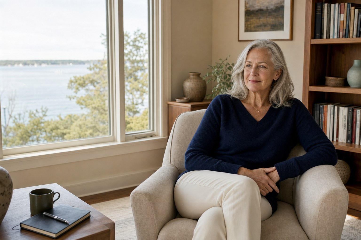 Nora Penhallow seated in a sunlit office overlooking the water