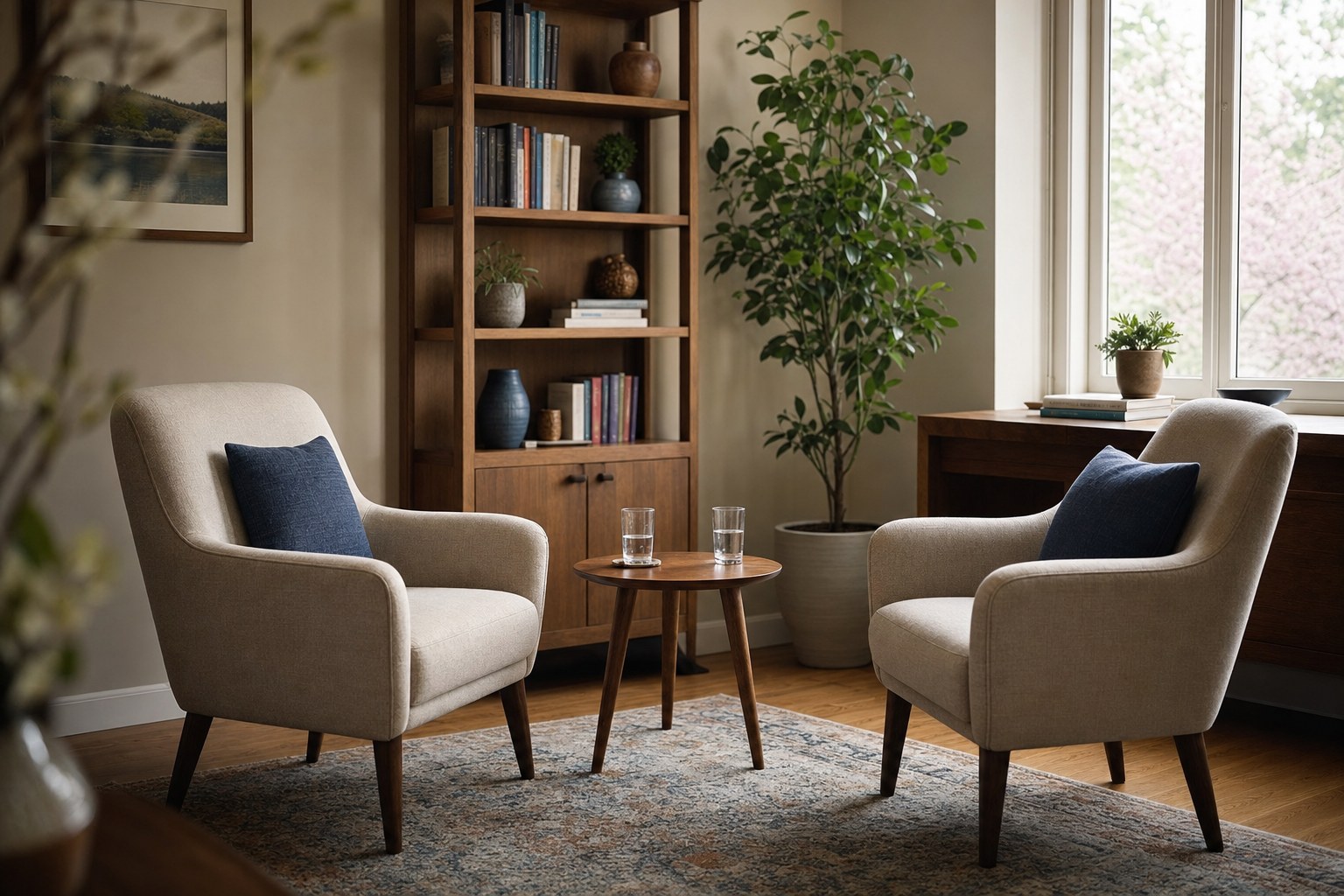 A quiet counseling office with two chairs and warm window light