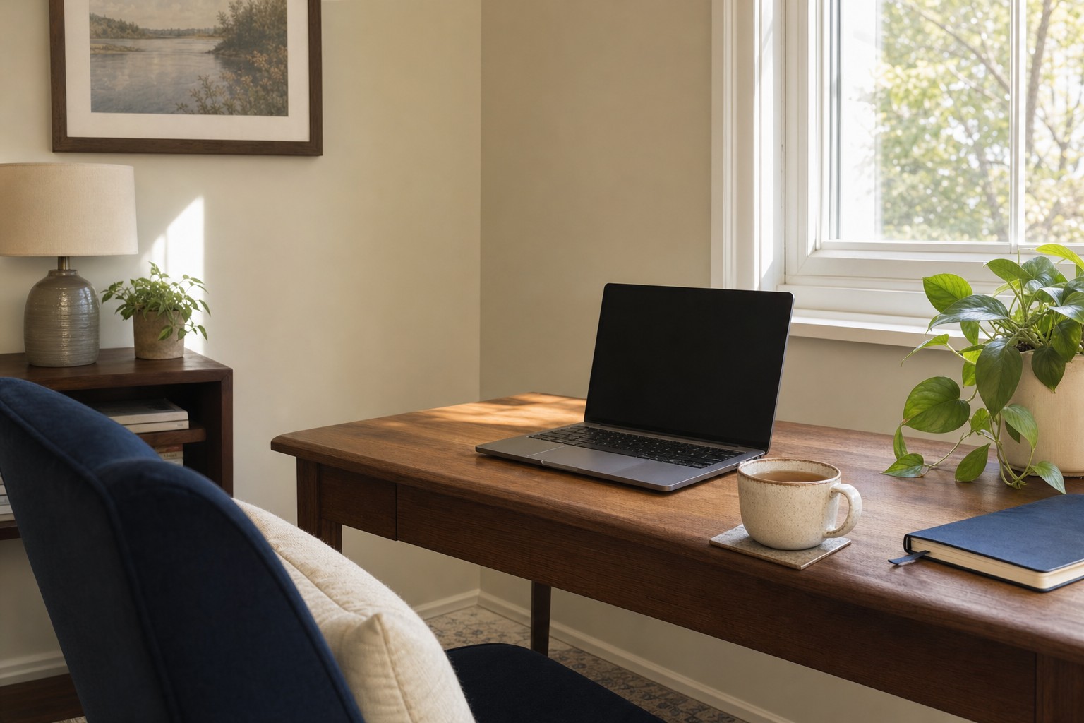 A warm office desk set up for a private video session, with a laptop, plant, notebook, and tea